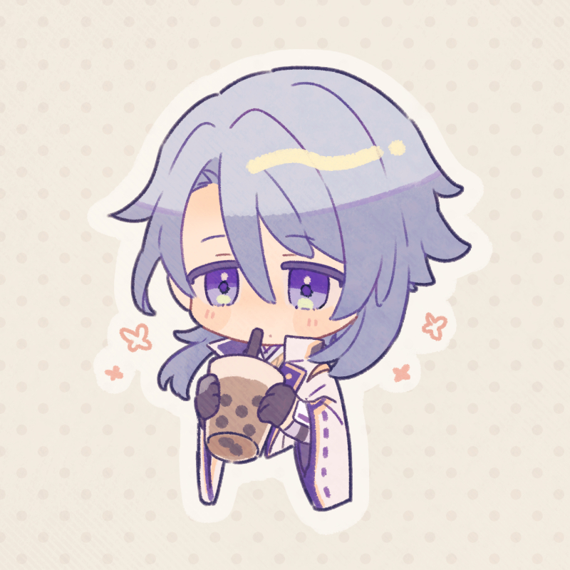 1boy arm_guards black_gloves blue_hair blush brown_background bubble_tea chibi commentary_request cropped_torso cup disposable_cup drinking drinking_straw drinking_straw_in_mouth flower_(symbol) genshin_impact gloves gold_trim hair_between_eyes hands_up holding holding_cup jacket japanese_clothes kamisato_ayato kimono koma_(km_mmmk) lapels long_sleeves male_focus medium_hair mole mole_under_mouth open_clothes open_jacket outline parted_bangs polka_dot polka_dot_background ribbon-trimmed_sleeves ribbon_trim simple_background solo swept_bangs upper_body violet_eyes white_jacket white_outline wide_sleeves