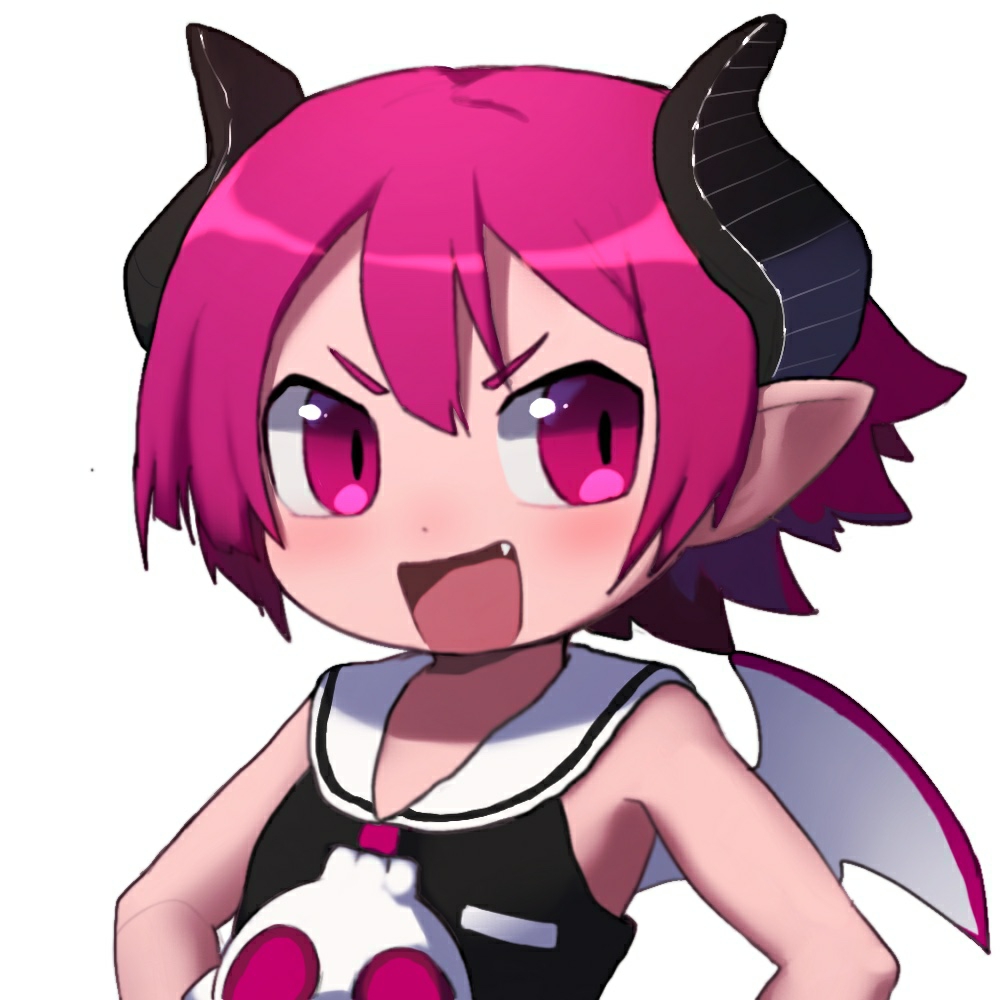 1girl blush demon_girl demon_horns demon_wings disgaea fang flat_chest horns looking_to_the_side open_mouth pink_eyes pink_hair pointy_ears raspberyl short_hair smile smug solo upper_body wings wuju_(1198979953)