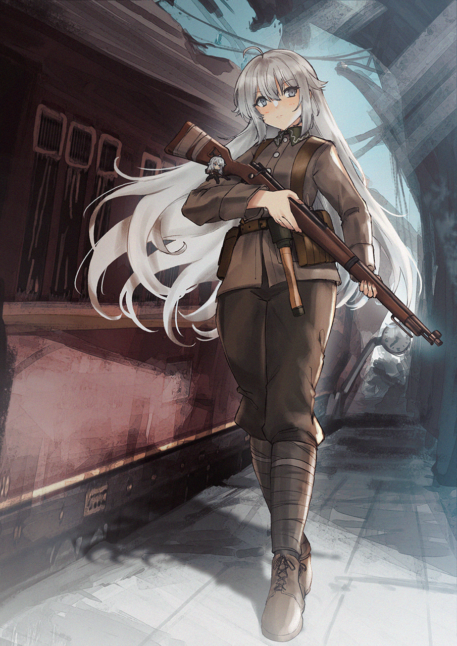 1girl bolt_action brown_pants charm_(object) commission explosive expressionless girls_frontline grenade grey_hair grey_jacket gun highres jacket long_hair looking_at_viewer mauser_98 original pants persocon93 pixiv_commission rifle solo stielhandgranate very_long_hair weapon