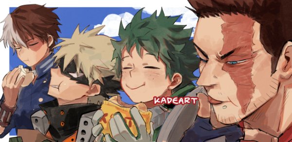 4boys :t artist_name bag bakugou_katsuki beard beard_stubble black_mask blank_eyes blonde_hair blue_eyes blush boku_no_hero_academia burn_scar cheek_bulge chewing closed_eyes closed_mouth clouds commentary day eating endeavor_(boku_no_hero_academia) eye_mask facial_hair finger_to_mouth food food_bite food_on_face freckles from_side full_mouth gloves green_gloves green_hair half-closed_eye hand_up hands_up happy holding holding_bag holding_food jpeg_artifacts kadeart licking licking_finger lineup male_focus midoriya_izuku mismatched_eyebrows multicolored_hair multiple_boys mustache mustache_stubble one_eye_closed outside_border paper_bag profile redhead scar scar_across_eye scar_on_face short_hair side-by-side sideburns spiky_hair split-color_hair stubble thumb_to_mouth todoroki_shouto two-tone_hair upper_body white_hair