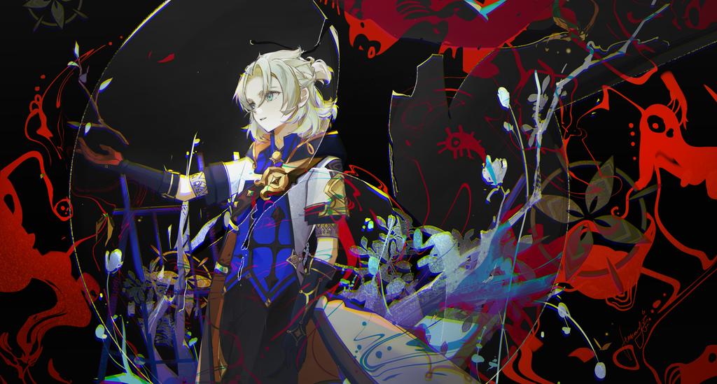 1boy albedo_(overlord) aqua_eyes black_background black_gloves black_pants blonde_hair blue_vest branch coat cowboy_shot efanziyu genshin_impact gloves hair_bun hand_up high_collar looking_at_object medium_hair object_floating_above_hand open_clothes open_coat pants red_background short_sleeves solo standing vest white_coat