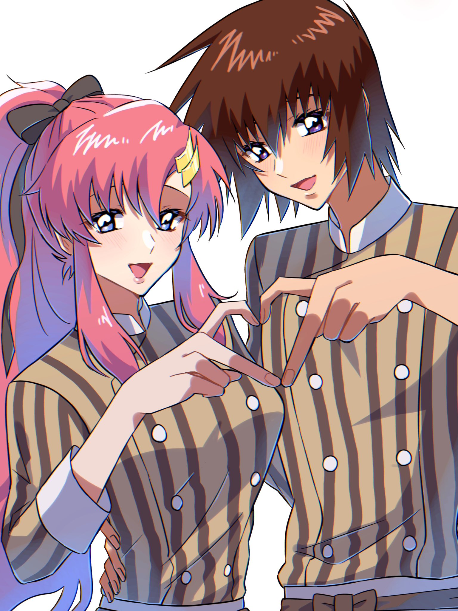 1boy 1girl blue_eyes bow brown_hair couple gundam gundam_cafe gundam_seed gundam_seed_freedom hair_bow hair_ornament hand_on_another's_waist heart heart_hands heart_hands_duo highres kira_yamato lacus_clyne long_hair looking_at_viewer matching_outfits official_alternate_costume pink_hair ponytail rrrisyf very_long_hair violet_eyes waiter waitress