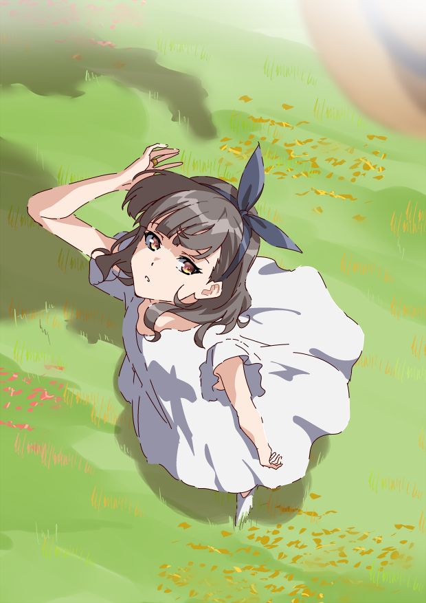 1girl arm_at_side arm_up assault_lily black_hair blue_bow blue_hairband blurry blurry_foreground bow bow_hairband brown_footwear commentary day dress foreshortening from_above full_body grass hair_bow hairband hat hat_loss jewelry kuroki_francisca_yuria looking_at_viewer looking_up medium_hair mototenn outdoors parted_lips ring shoes short_sleeves solo standing sun_hat sundress white_dress white_footwear yellow_eyes