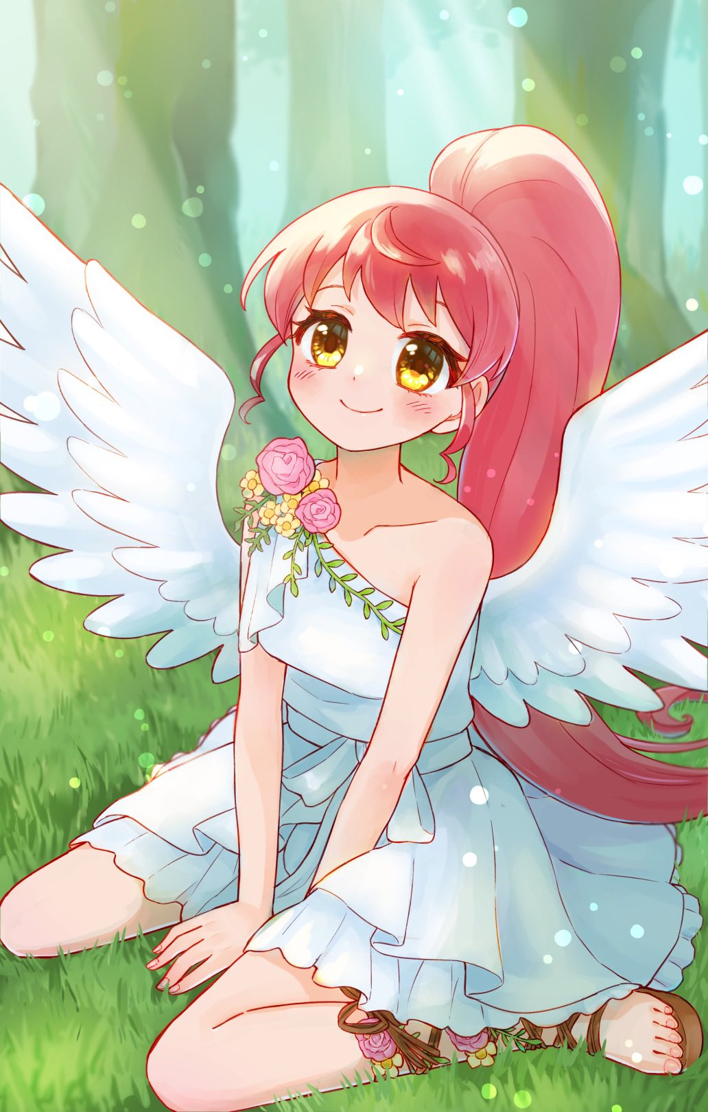 1girl angel angel_wings bare_shoulders between_legs closed_mouth commentary_request day dress feathered_wings flower forest full_body hand_between_legs highres jinno_(jin_c_kkry) long_hair looking_at_viewer nature on_grass outdoors pink_flower pink_rose ponytail pretty_series pripara redhead ribbon rose sandals shiratama_mikan sidelocks sitting smile solo sunlight tree very_long_hair wariza white_dress white_ribbon white_wings wings yellow_eyes
