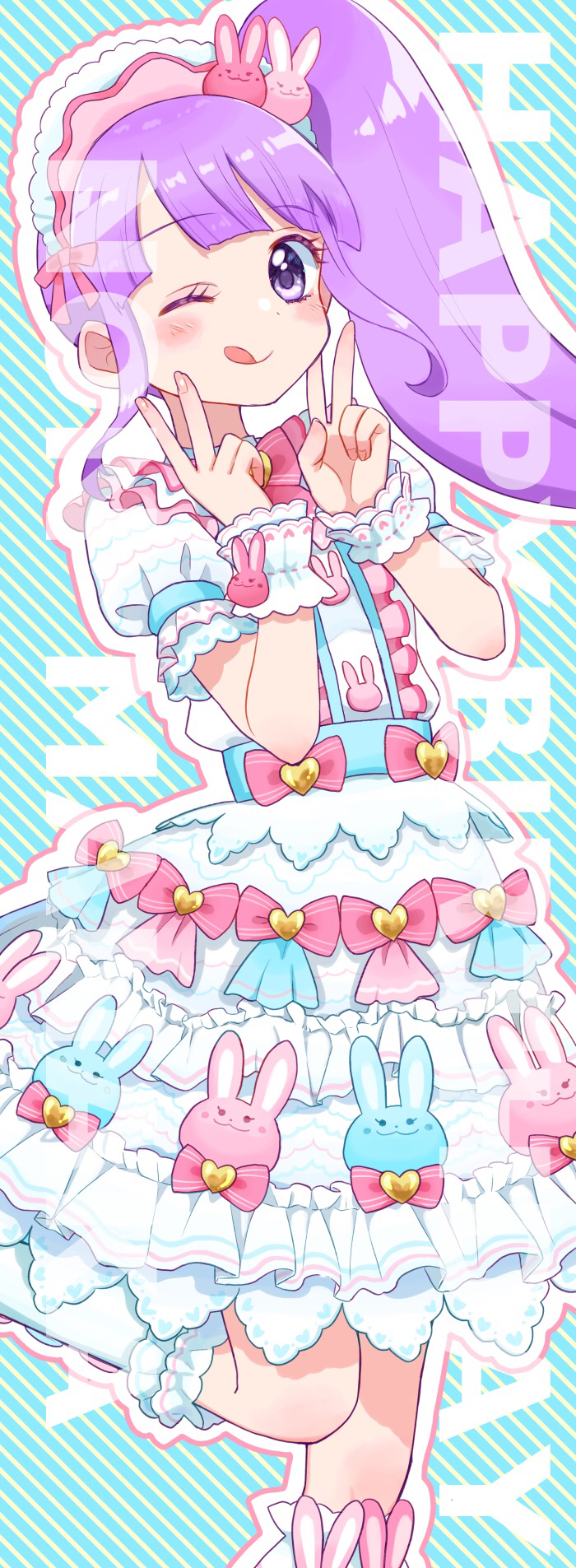 1girl ;q animal_print blue_background blunt_bangs character_name double_v dress frilled_dress frills hands_up happy_birthday highres jinno_(jin_c_kkry) lolita_fashion long_hair looking_at_viewer manaka_non one_eye_closed outline pretty_series pripara purple_hair rabbit_print side_ponytail smile socks solo standing standing_on_one_leg sweet_lolita tongue tongue_out v violet_eyes white_dress white_outline white_socks wrist_cuffs