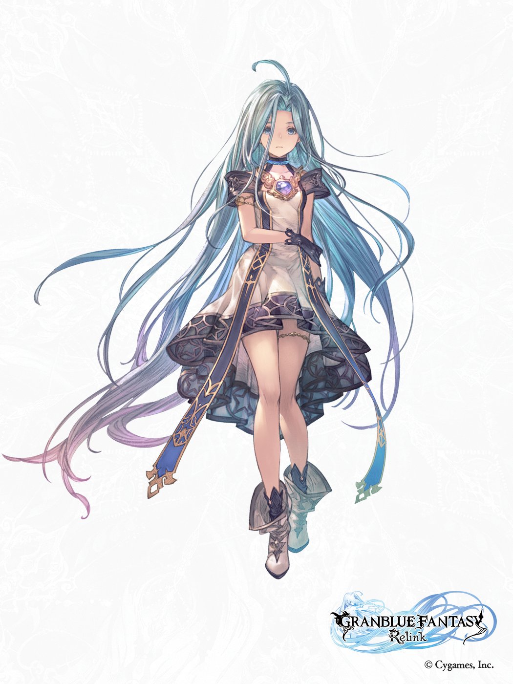 1girl ahoge anklet black_gloves blue_choker blue_eyes blue_hair chest_jewel choker copyright_name dress empty_eyes expressionless full_body gloves granblue_fantasy granblue_fantasy:_relink highres jewelry logo long_hair lyria_(granblue_fantasy) minaba_hideo mind_control multicolored_hair solo solo_focus spread_legs two-tone_hair very_long_hair white_background white_dress white_footwear