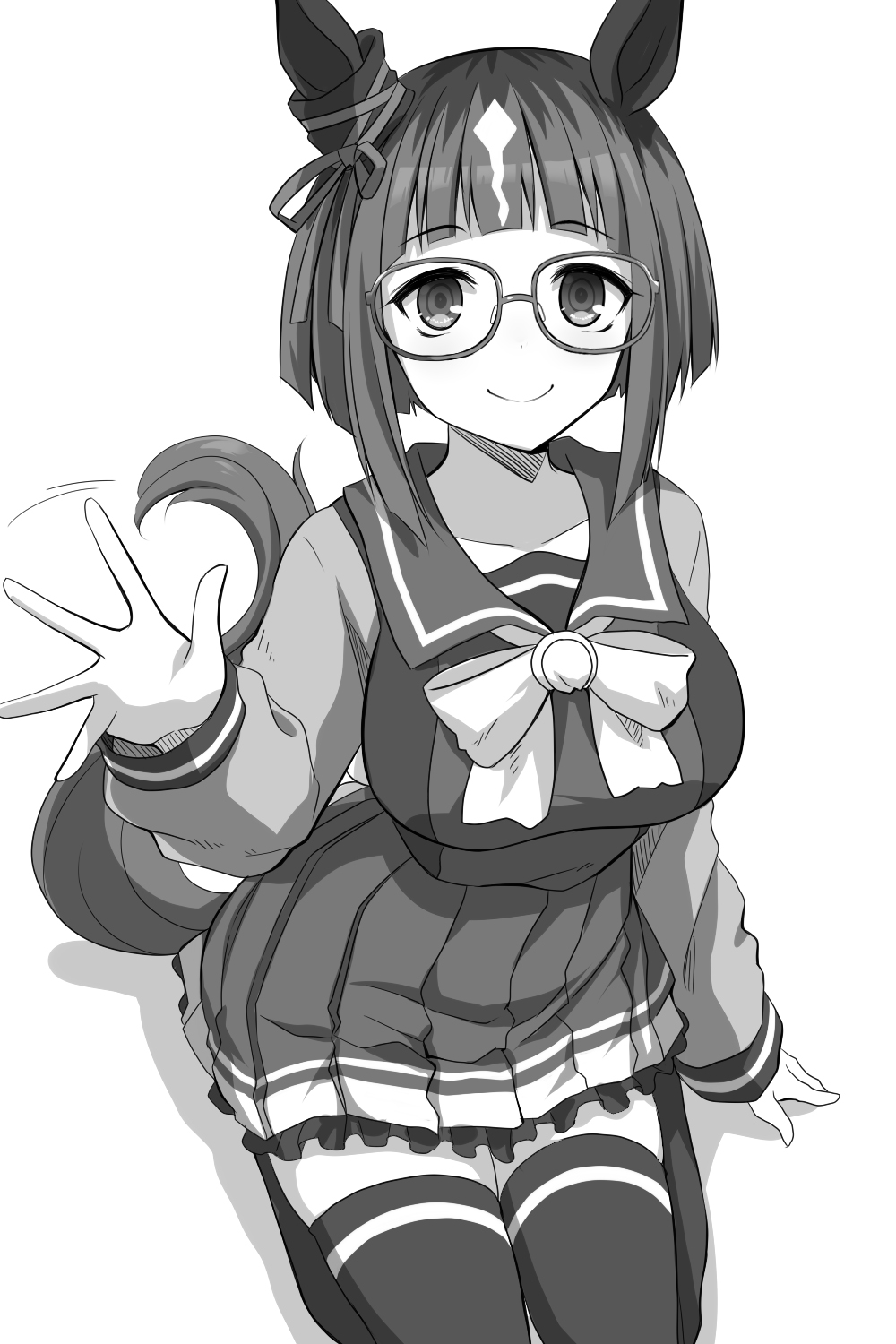 1girl animal_ears bow breasts closed_mouth collarbone commentary_request glasses greyscale hand_up highres horse_ears horse_girl horse_tail long_sleeves looking_at_viewer medium_breasts monochrome motion_lines multicolored_hair pleated_skirt puffy_long_sleeves puffy_sleeves school_uniform seiza shadow shirt simple_background sitting skirt smile solo tail thigh-highs tracen_school_uniform transcend_(umamusume) two-tone_hair umamusume watarui waving white_background