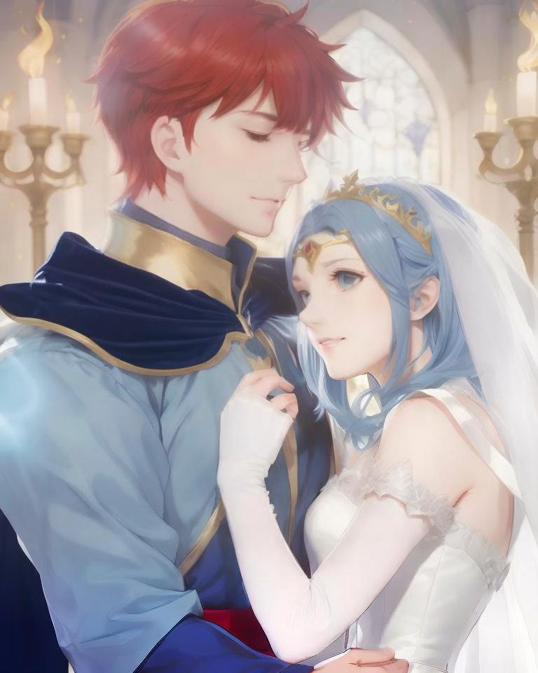 blue_hair bride couple dress eliwood_(fire_emblem) fiora_(fire_emblem) fire_emblem fire_emblem:_the_blazing_blade non-web_source redhead tiara wedding_dress
