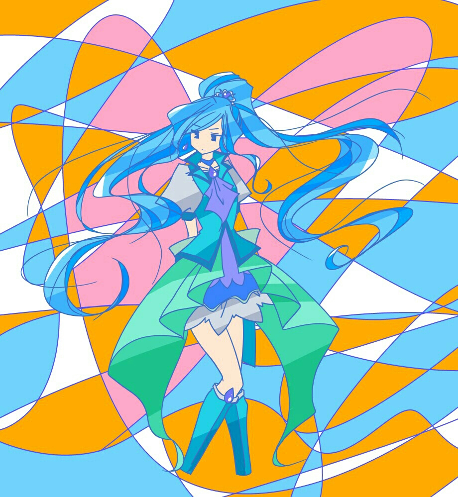 1girl aqua_skirt arms_behind_back blue_footwear boots cure_fontaine flat_color hair_ornament healin'_good_precure high-low_skirt knee_boots limited_palette long_hair looking_to_the_side no_nose precure puffy_sleeves r2ndmix sawaizumi_chiyu skirt solo standing