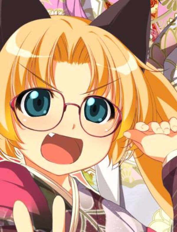 1girl animal_ears atelier-moo blonde_hair cat_ears close-up curtained_hair fang glasses green_eyes japanese_clothes kimono long_hair long_sleeves machida_madoka machidake open_mouth red-framed_eyewear smile solo twintails upper_body