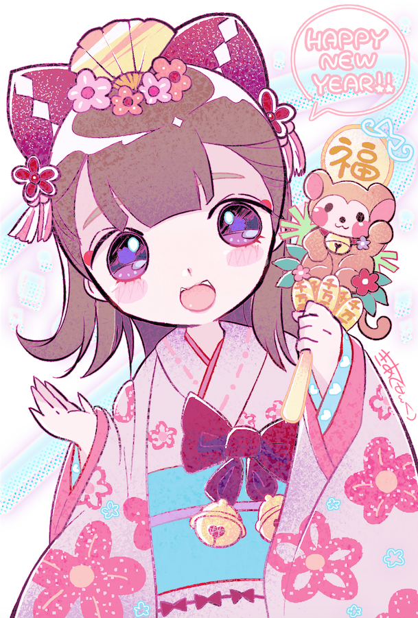 1girl :d bell blunt_bangs bow commentary_request cowboy_shot floral_print flower hair_bow hair_flower hair_ornament hands_up happy_new_year holding japanese_clothes jingle_bell kiato kimono long_hair long_sleeves looking_at_viewer monkey new_year obi open_mouth original pink_flower pink_kimono print_kimono red_flower red_ribbon ribbon sash smile solo standing tassel violet_eyes wide_sleeves