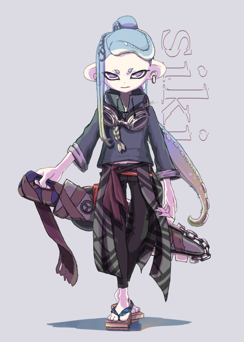 1boy blue_eyes blue_hair closed_mouth commentary_request earrings full_body fuyu_noke geta goggles gradient_hair green_hair grey_background grizzco_splatana_(splatoon) holding holding_sword holding_weapon jewelry long_hair looking_at_viewer male_focus multicolored_hair octoling octoling_boy octoling_player_character pink_eyes simple_background solo splatoon_(series) splatoon_3 standing sword tentacle_hair two-tone_eyes two-tone_hair very_long_hair waist_ribbon weapon