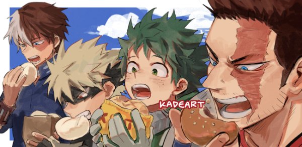 4boys artist_name bag bakugou_katsuki beard beard_stubble biting black_mask blonde_hair blue_eyes blush boku_no_hero_academia bread_bun burn_scar clouds commentary day eating endeavor_(boku_no_hero_academia) eye_mask facial_hair food_bite food_request freckles from_side gloves green_eyes green_gloves green_hair grey_eyes grey_gloves hand_up hands_up heterochromia high_collar holding holding_bag jpeg_artifacts kadeart lineup looking_at_food looking_down male_focus midoriya_izuku mismatched_eyebrows multicolored_hair multiple_boys mustache mustache_stubble open_mouth outside_border paper_bag profile red_eyes redhead sanpaku scar scar_across_eye scar_on_face short_hair side-by-side sideburns sideways_mouth spiky_hair split-color_hair stubble todoroki_shouto two-tone_hair upper_body v-shaped_eyebrows white_hair wrist_guards