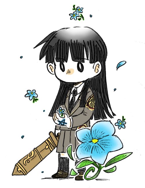 1girl black_eyes black_hair black_necktie blue_flower blunt_bangs blunt_ends chibi collared_shirt commentary_request donguri306 flower full_body hand_tattoo holding holding_sword holding_weapon long_hair looking_at_object necktie outline protagonist_2_(housamo) school_uniform shirt simple_background sketch solo star_tattoo sword tattoo thigh-highs tokyo_afterschool_summoners weapon white_background white_outline white_shirt