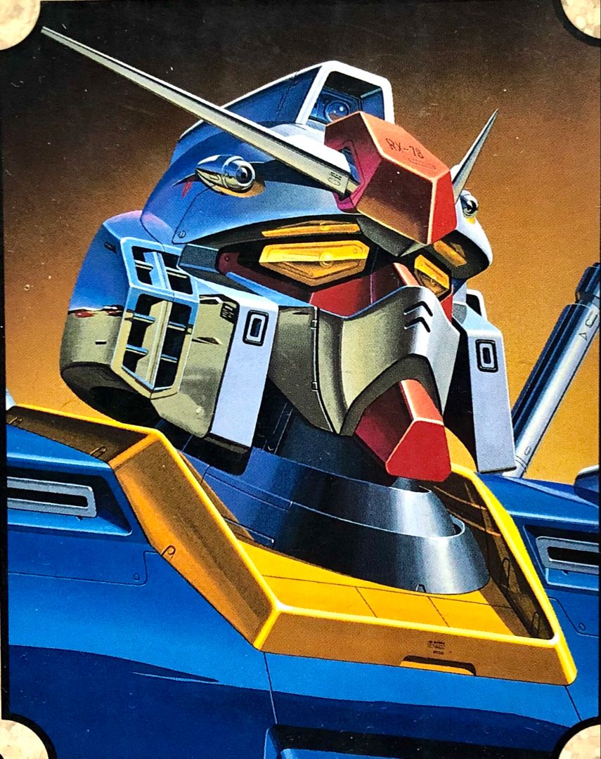 1980s_(style) character_name glint gradient_background gun gundam ishibashi_ken'ichi looking_to_the_side machine_gun machinery mecha mecha_focus mobile_suit mobile_suit_gundam muzzle no_humans portrait promotional_art retro_artstyle robot rx-78-2 scan science_fiction starry_background traditional_media v-fin weapon when_you_see_it yellow_eyes