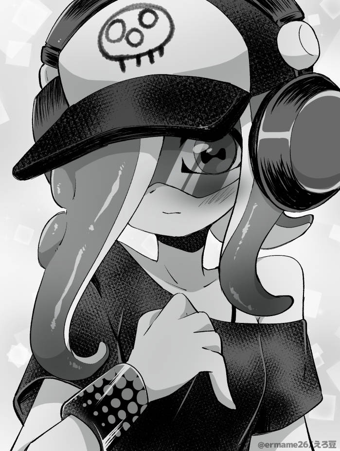 1girl artist_name baseball_cap cephalopod_eyes closed_mouth collarbone commentary_request dedf1sh eromame eyes_visible_through_eyewear hat headphones headphones_over_headwear looking_at_viewer octoling off_shoulder print_headwear single_bare_shoulder solo splatoon_(series) splatoon_3 splatoon_3:_side_order sunglasses twitter_username upper_body