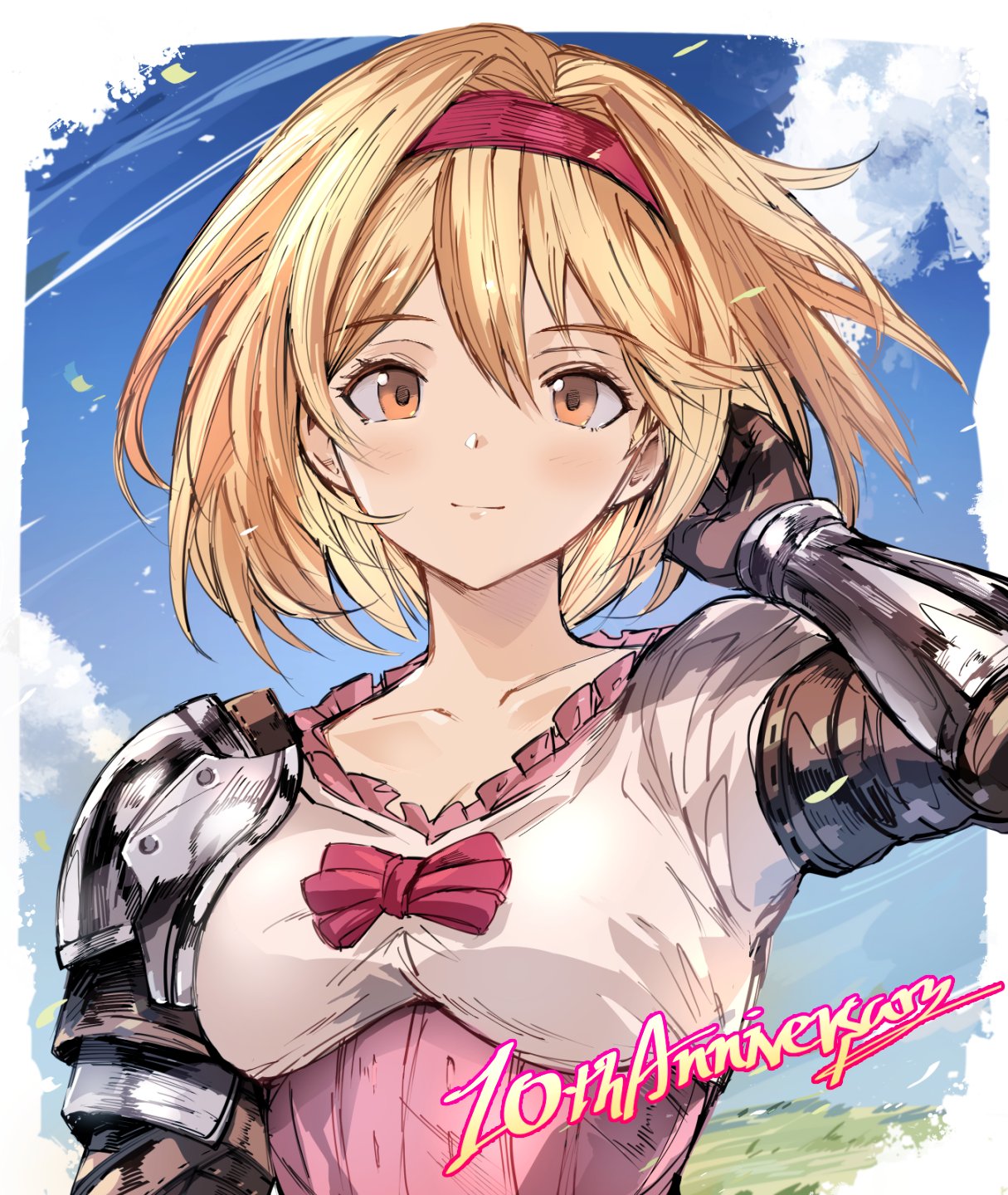 1girl anniversary blonde_hair blue_sky brown_eyes closed_mouth clouds djeeta_(granblue_fantasy) dress gauntlets granblue_fantasy hair_between_eyes hairband highres light_smile looking_at_viewer monogrbl pink_dress red_hairband short_hair sky solo upper_body