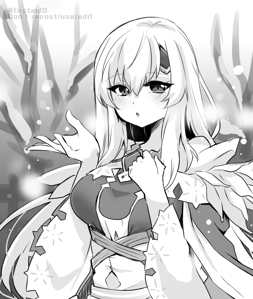 1girl breasts circlet dress fire_emblem fire_emblem:_genealogy_of_the_holy_war greyscale hands_up julia_(fire_emblem) julia_(resplendent)_(fire_emblem) long_hair monochrome official_alternate_costume open_mouth outdoors sash solo upper_body wide_sleeves yukia_(firstaid0)