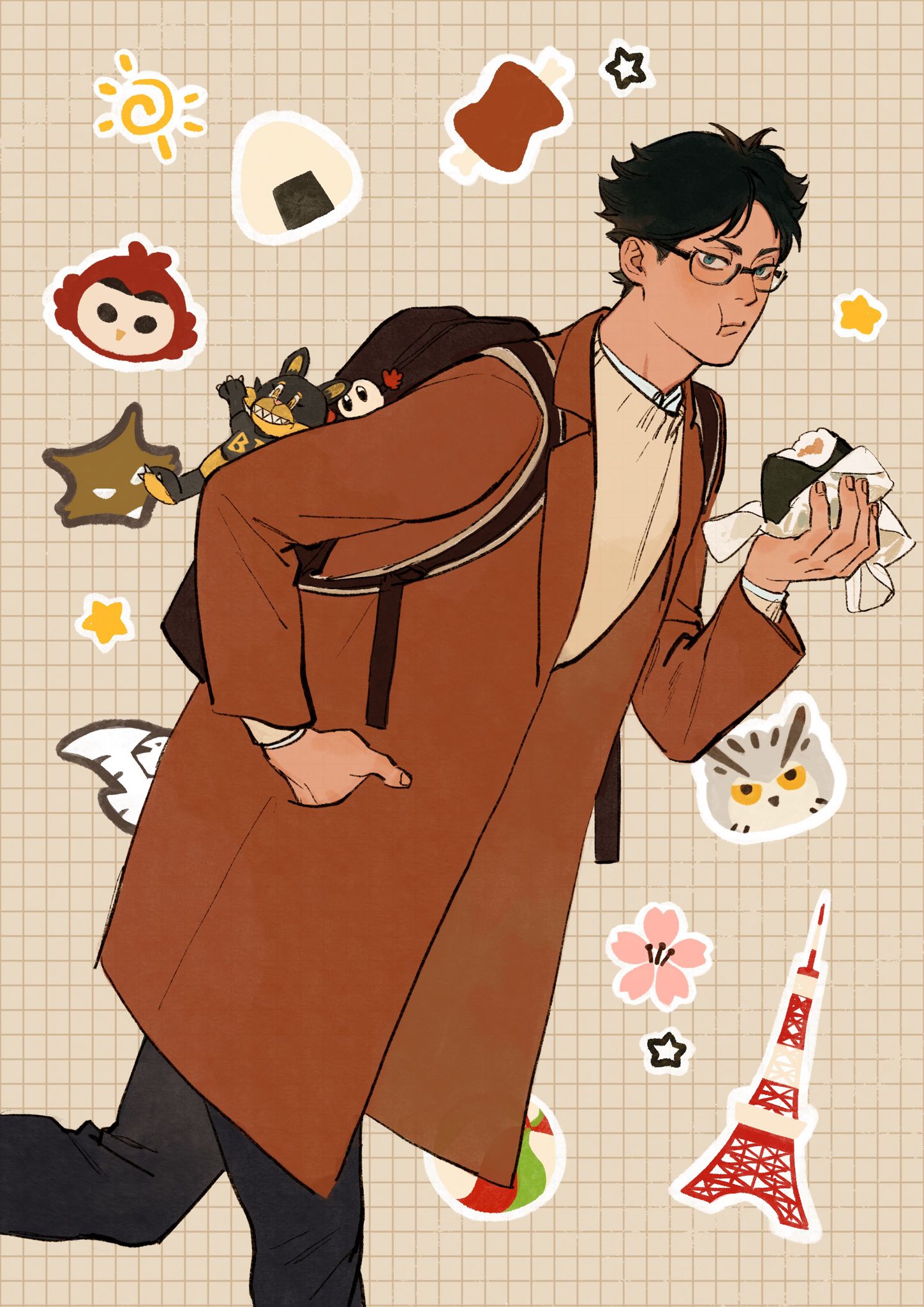 1boy :t akaashi_keiji animal_sticker backpack bag bird black_hair blue_eyes boned_meat brown_background brown_bag brown_coat brown_sweater chengongzi123 cherry_blossoms closed_mouth coat collared_coat commentary eating food glasses grid_background haikyuu!! hand_in_pocket hand_up highres holding holding_food long_sleeves looking_at_viewer male_focus meat onigiri owl short_hair star_(symbol) sticker stuffed_animal stuffed_toy sweater symbol-only_commentary very_short_hair volleyball