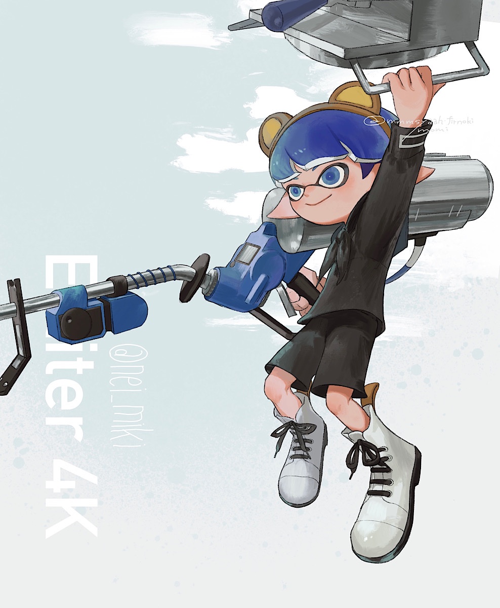 1boy animal_ear_hairband animal_ears bear_ears black_shirt black_shorts blue_eyes blue_hair blue_sky boots brown_hairband closed_mouth clouds commentary cross-laced_footwear e-liter_4k_(splatoon) fake_animal_ears full_body gun hairband highres holding holding_gun holding_weapon inkling inkling_boy inkling_player_character long_hair male_focus outdoors shirt short_hair shorts sky smile solo splatoon_(series) splatoon_3 symbol-only_commentary tentacle_hair totocosakana weapon weapon_name white_footwear