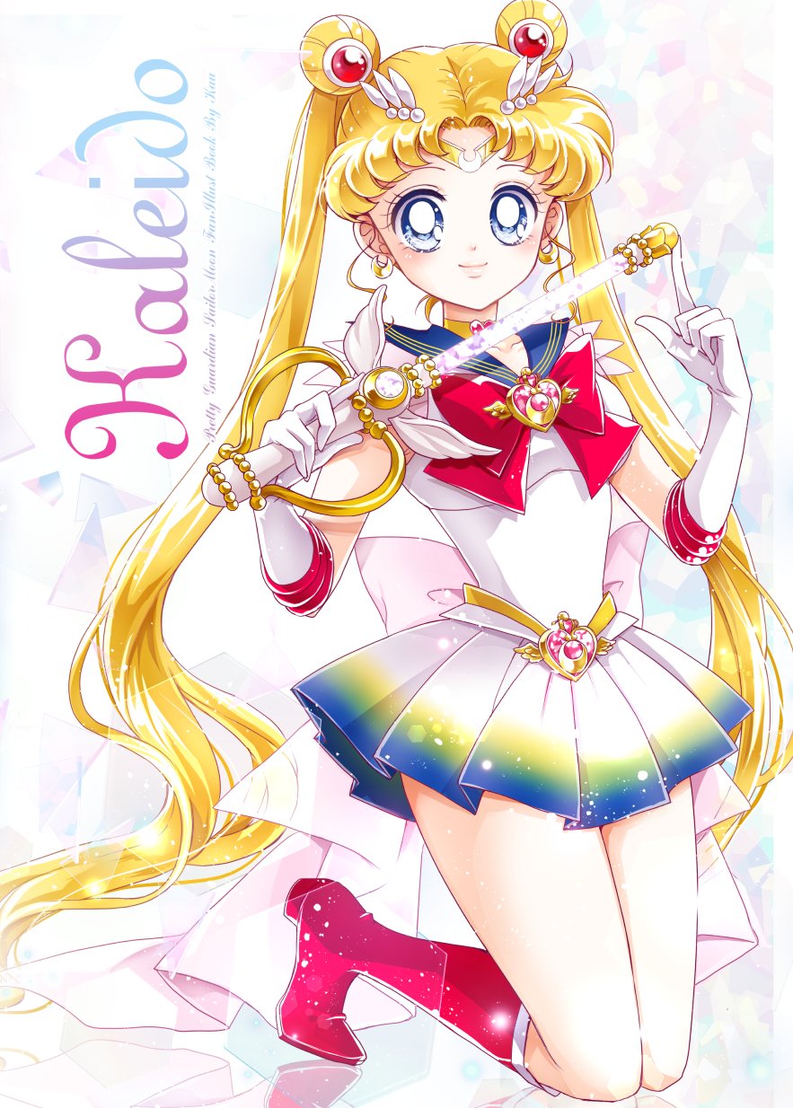 1girl bishoujo_senshi_sailor_moon blonde_hair blue_eyes blue_sailor_collar boots bow brooch choker crescent crescent_earrings double_bun earrings elbow_gloves gloves hair_bun hair_ornament heart heart_brooch heart_choker highres jewelry kaleidomoon_scope long_hair magical_girl multicolored_clothes multicolored_skirt red_bow red_footwear sailor_collar sailor_moon sailor_senshi_uniform sarashina_kau skirt solo super_sailor_moon thigh_boots twintails white_gloves yellow_choker