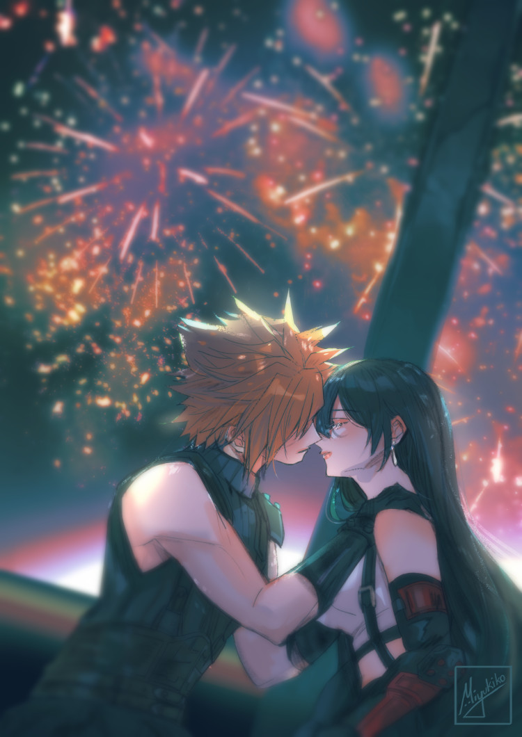 1boy 1girl aerial_fireworks armor bare_shoulders black_gloves black_hair black_skirt blonde_hair blurry blurry_background blush breasts closed_mouth cloud_strife commentary couple crop_top ear_blush earrings facing_another final_fantasy final_fantasy_vii final_fantasy_vii_rebirth final_fantasy_vii_remake fireworks gloves gondola hand_on_another's_shoulder imminent_kiss jewelry large_breasts lips long_hair midriff miyukiko night night_sky ribbed_sweater short_hair shoulder_armor signature single_arm_guard single_bare_shoulder single_earring sitting skirt sky sleeveless sleeveless_turtleneck spiky_hair suspender_skirt suspenders sweater tank_top tifa_lockhart turtleneck turtleneck_sweater upper_body white_tank_top