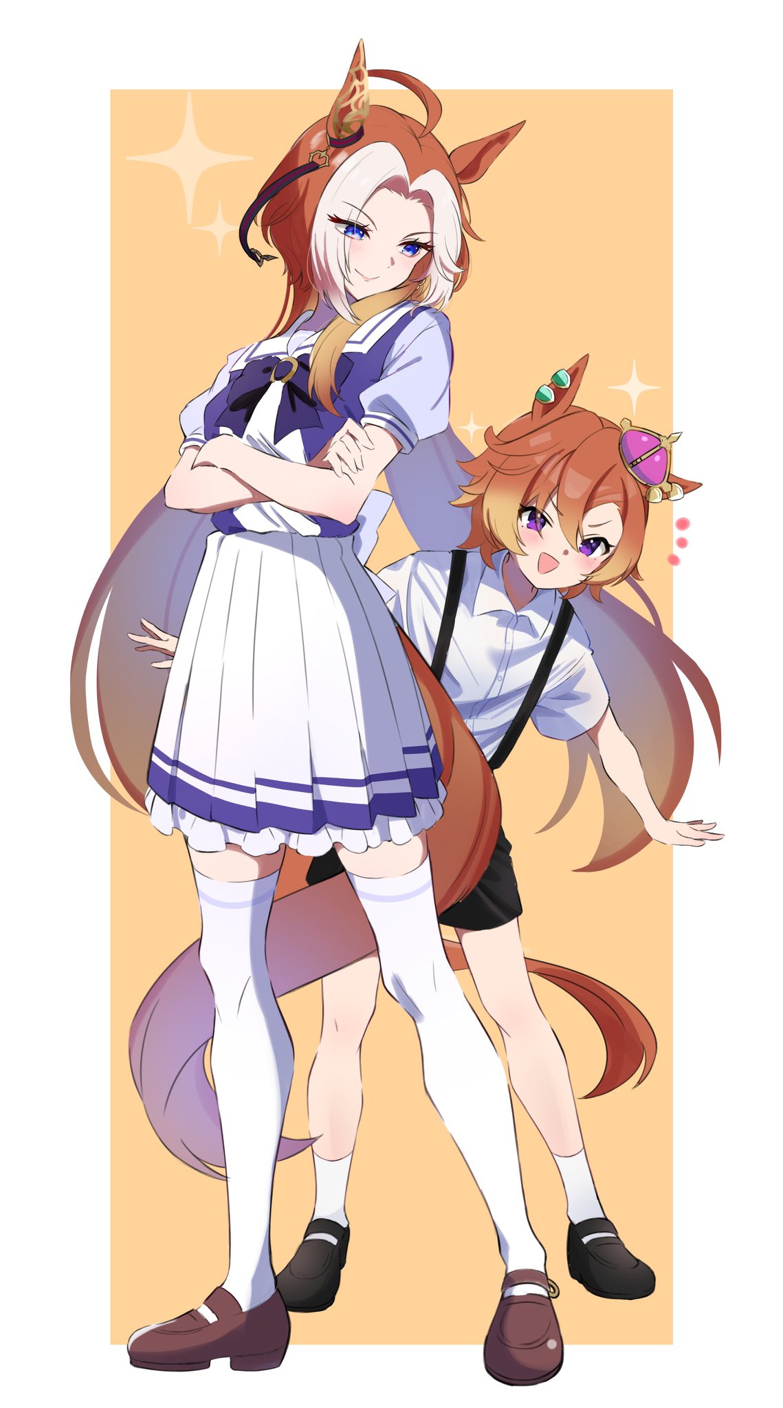 2girls aged_down ahoge animal_ears black_footwear black_shorts blue_eyes bow bowtie brown_footwear chokotabetai00 closed_mouth collared_shirt crossed_arms crown ear_piercing earrings full_body highres horse_ears horse_girl horse_tail jewelry long_hair looking_at_another looking_at_viewer mini_crown multiple_girls notice_lines open_mouth orange_hair orfevre_(umamusume) parted_lips petticoat piercing purple_shirt sailor_collar shirt shoes short_hair shorts single_earring skirt smile socks sparkle standing suspender_shorts suspenders t.m._opera_o_(umamusume) tail thigh-highs umamusume v-shaped_eyebrows violet_eyes white_shirt white_skirt white_socks white_thighhighs