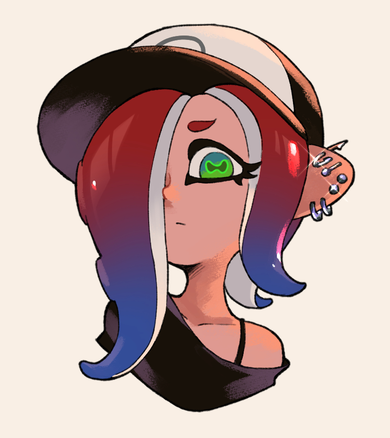 1girl baseball_cap blue_hair cephalopod_eyes closed_mouth commentary_request cropped_torso dedf1sh ear_piercing earrings eyelashes glint gradient_hair green_eyes hair_over_one_eye hat hoop_earrings jewelry long_hair looking_at_viewer multicolored_hair octoling off_shoulder piercing print_headwear redhead simple_background single_bare_shoulder solo splatoon_(series) splatoon_3 splatoon_3:_side_order tentacle_hair teo_(teorekka) thick_eyebrows two-tone_hair upper_body white_background