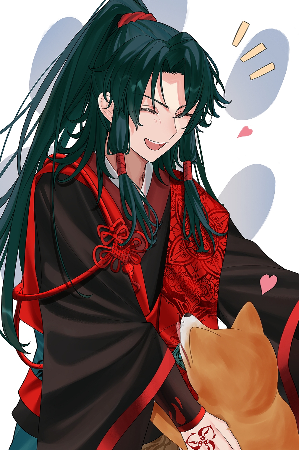 1boy chinese_clothes closed_eyes command_spell commentary dog fate/samurai_remnant fate_(series) green_hair hair_tubes heart highres light_(nightty45) long_hair long_sleeves male_focus notice_lines open_mouth paw_print paw_print_background ponytail shiba_inu sidelocks simple_background smile solo symbol-only_commentary teeth upper_body upper_teeth_only zheng_chenggong_(fate)