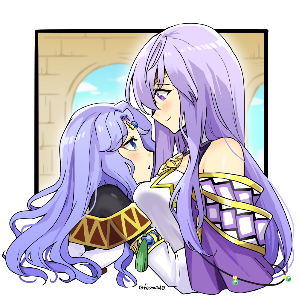 2girls blue_eyes breasts cape circlet commentary_request dress fire_emblem fire_emblem:_genealogy_of_the_holy_war fire_emblem:_thracia_776 hug julia_(fire_emblem) large_breasts long_hair looking_at_another looking_down looking_up multiple_girls open_mouth purple_cape sara_(fire_emblem) smile upper_body violet_eyes yukia_(firstaid0)