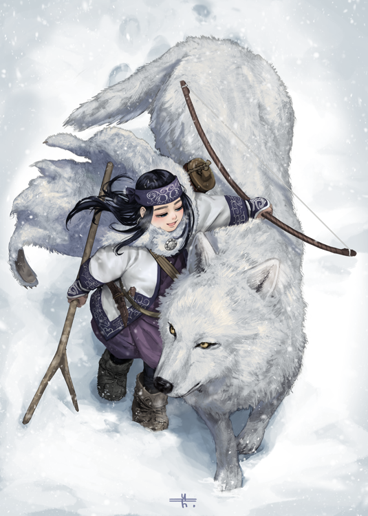 1girl ainu ainu_clothes animal asirpa black_hair boots bow_(weapon) cloak commentary_request from_above full_body fur_cloak golden_kamuy hand_on_animal headband holding holding_bow_(weapon) holding_stick holding_weapon long_hair mitsuya purple_hair sidelocks signature smile snow stick weapon wolf