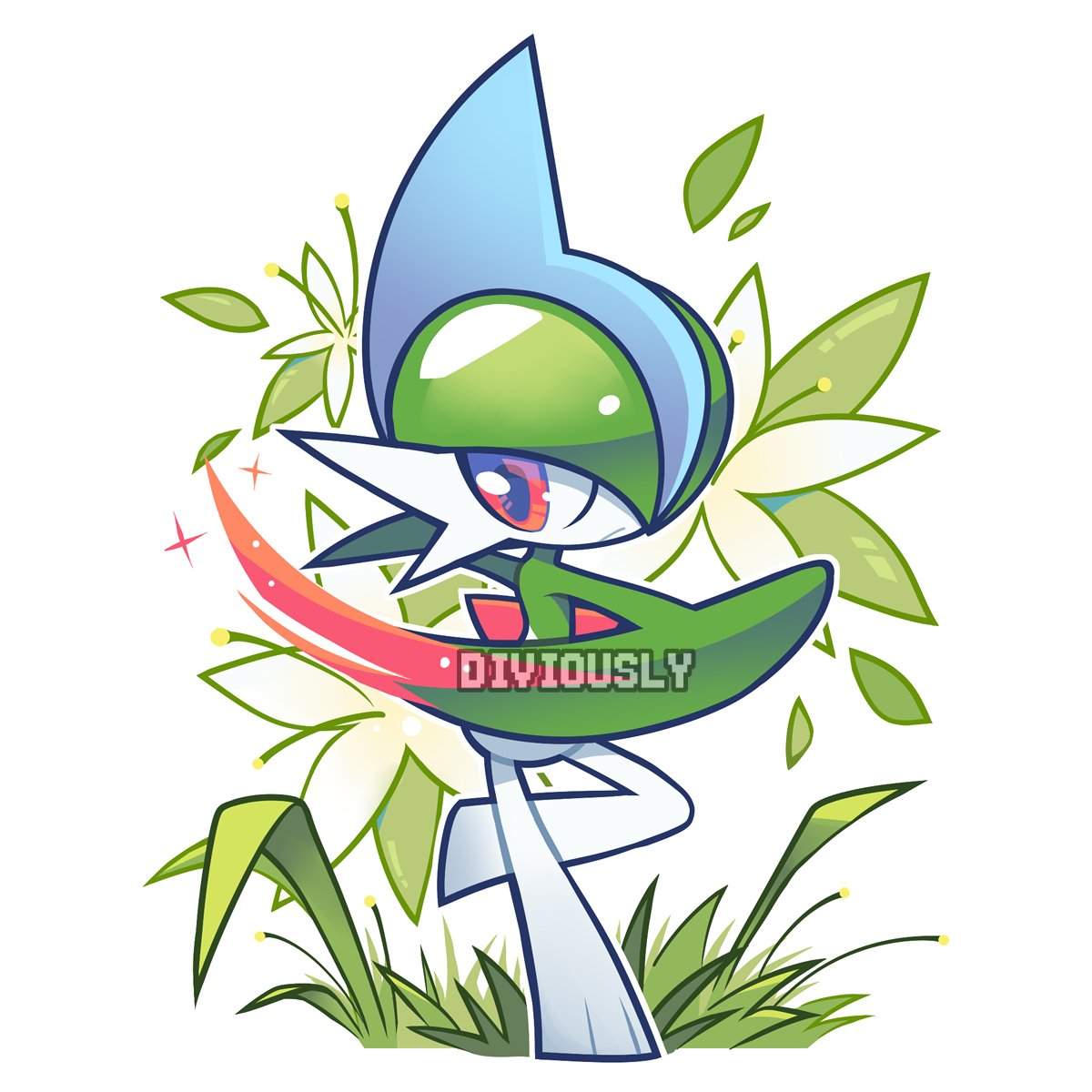 arm_blade artist_name colored_skin diviously flower gallade grass highres leaf looking_at_viewer multicolored_skin pokemon pokemon_(creature) red_eyes serious simple_background two-tone_skin weapon white_background white_skin