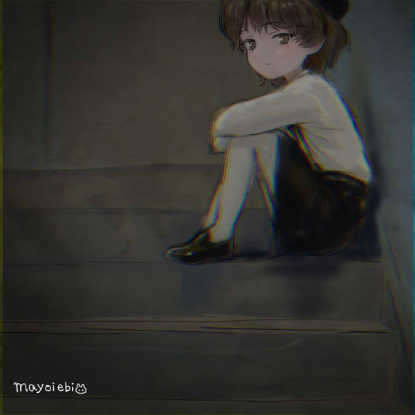 1girl arms_on_knees artist_name beret black_footwear black_headwear black_skirt brown_eyes brown_hair chromatic_aberration closed_mouth commentary_request ebisen_(kurumimitium) expressionless from_side hat hatoba_tsugu light_blush long_sleeves looking_to_the_side mole mole_under_eye pantyhose shirt shirt_tucked_in shoes short_hair sitting sitting_on_stairs skirt solo stairs tsugu_(vtuber) virtual_youtuber white_pantyhose white_shirt