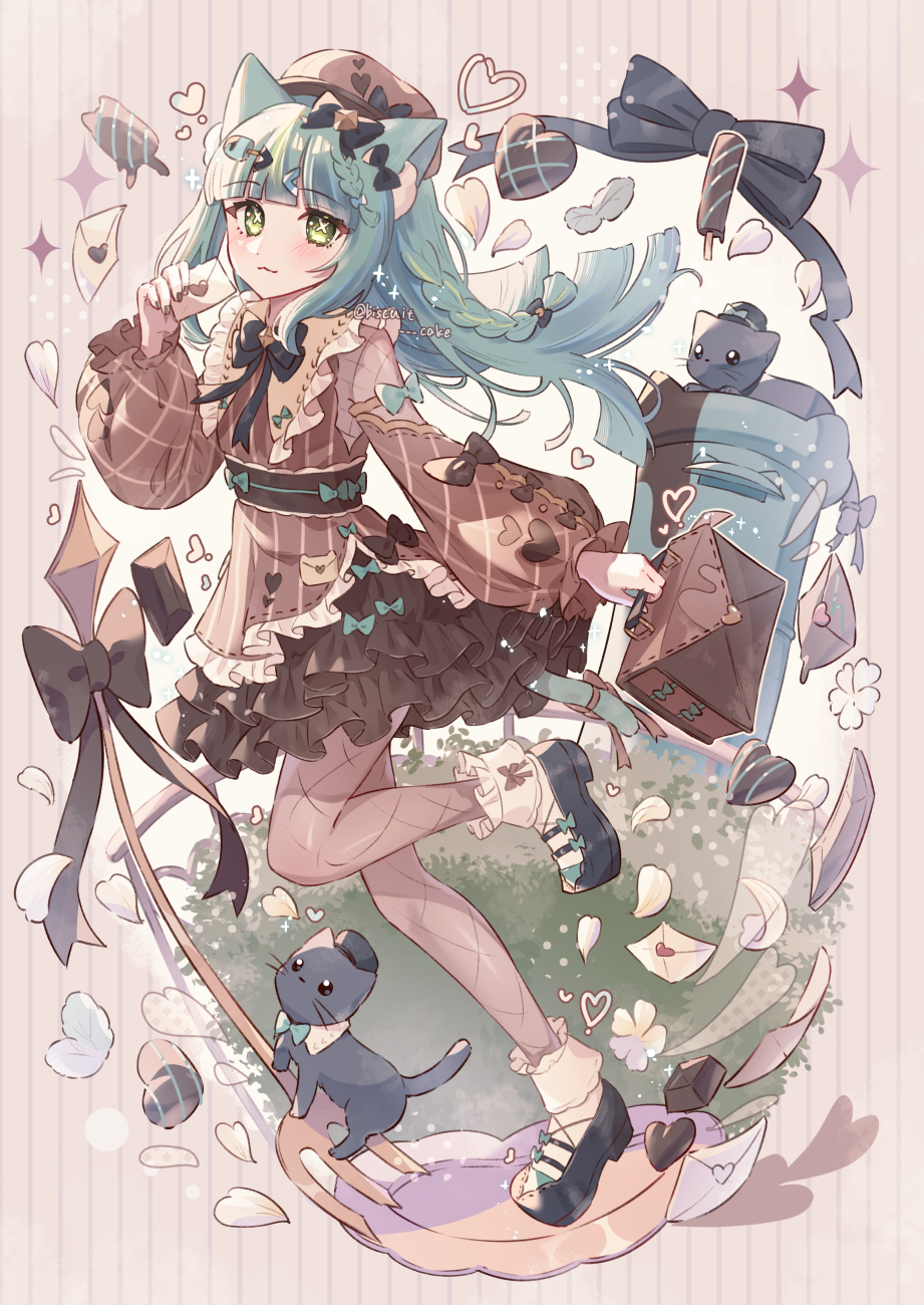 1girl :3 animal_ears argyle_clothes argyle_pantyhose black_bow black_footwear black_pantyhose black_skirt blue_hair blunt_bangs blush bow braid brown_shirt candy cat cat_ears cat_girl cat_tail chocolate closed_mouth envelope floating floating_hair food foot_up green_eyes hand_up heart heart-shaped_chocolate highres holding holding_envelope holding_suitcase ice_cream layered_skirt long_hair long_sleeves looking_at_viewer miniskirt original pantyhose pleated_skirt shirt shoes sidelocks skirt smile socks solo straight_hair suitcase symbol-shaped_pupils tail tsukumi_bis walking white_socks x-shaped_pupils