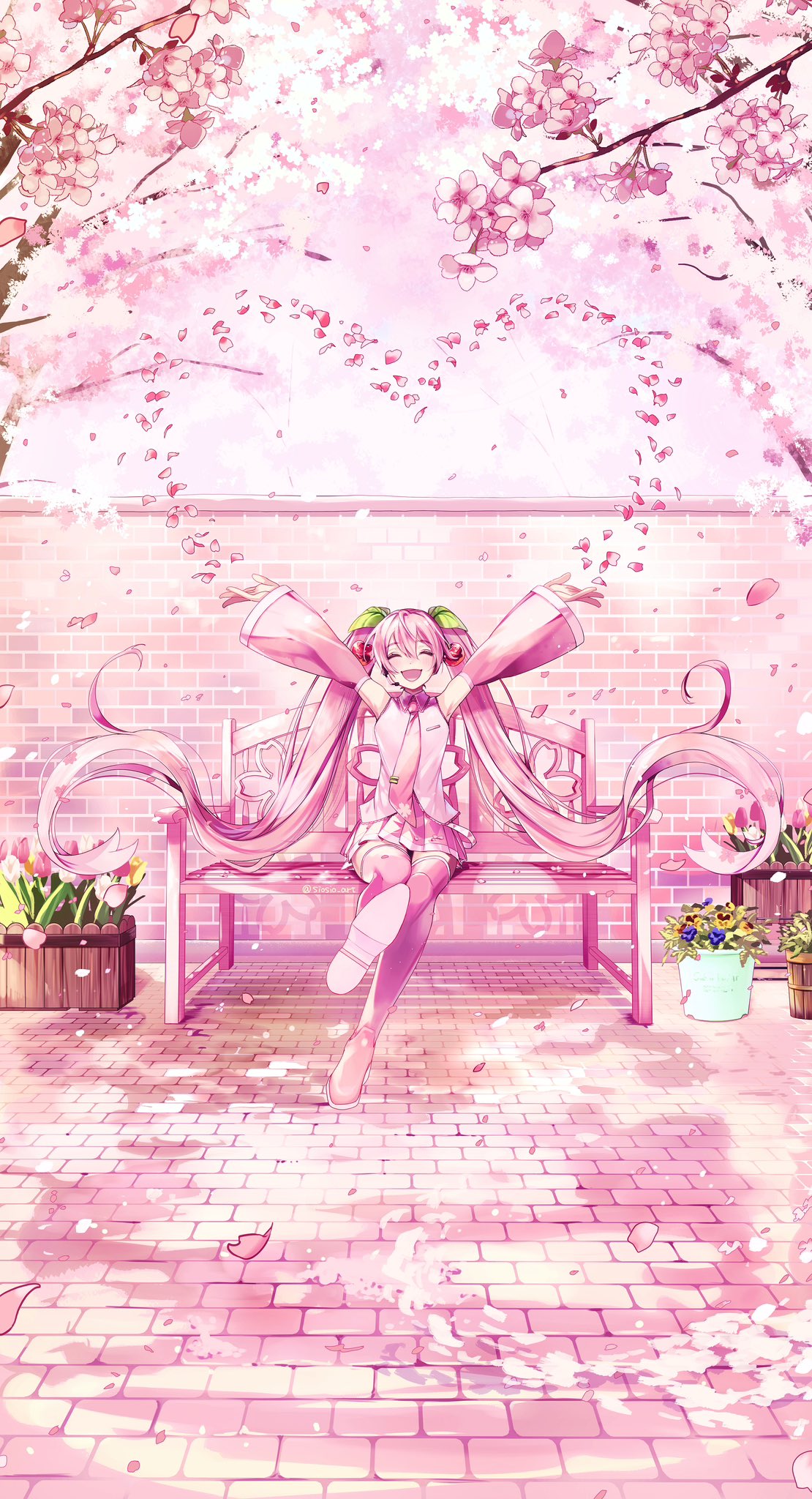 1girl :d arms_up bench brick_floor brick_wall cherry_blossoms cherry_hair_ornament closed_eyes collared_shirt day detached_sleeves facing_viewer falling_petals food-themed_hair_ornament foot_up foreshortening full_body hair_ornament hatsune_miku headset highres long_hair long_sleeves microphone miniskirt necktie open_mouth outdoors outstretched_arms petals pink_hair pink_necktie pink_shirt pink_skirt pink_sleeves pink_theme pink_thighhighs plant planter pleated_skirt potted_plant sakura_miku shioaji_(siosio_art) shirt shoe_soles sidelocks sitting skirt sleeveless sleeveless_shirt smile solo thigh-highs twintails very_long_hair vocaloid wide_shot zettai_ryouiki