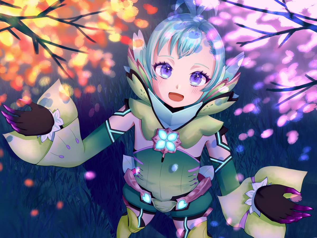 1boy :d aohoshi_non aqua_hair bare_shoulders black_gloves boots branch cherry_blossoms core_crystal_(xenoblade) detached_sleeves floren_(xenoblade) from_above gloves green_footwear green_leotard green_sleeves leotard looking_at_viewer male_focus open_mouth otoko_no_ko petals short_hair smile solo standing thigh_boots tree violet_eyes xenoblade_chronicles_(series) xenoblade_chronicles_2