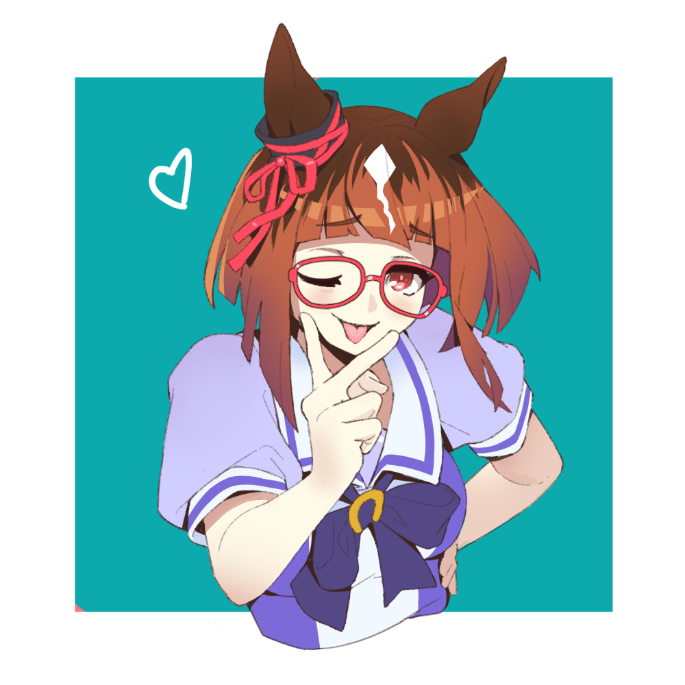1girl animal_ears bow bowtie breasts brown_hair cropped_torso ear_ornament glasses hand_on_own_hip hand_up heart horse_ears looking_at_viewer one_eye_closed open_mouth purple_shirt red_eyes sailor_collar shirt short_hair short_sleeves sinnra_art small_breasts solo tongue tongue_out transcend_(umamusume) umamusume upper_body v_over_mouth