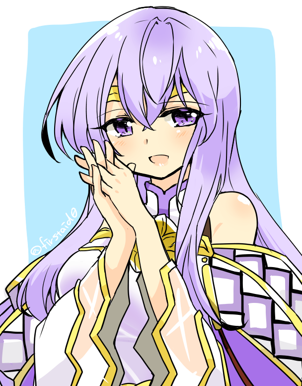 1girl bare_shoulders circlet dress fire_emblem fire_emblem:_genealogy_of_the_holy_war julia_(fire_emblem) long_hair open_mouth own_hands_clasped own_hands_together purple_dress purple_hair simple_background smile solo upper_body violet_eyes wide_sleeves yukia_(firstaid0)