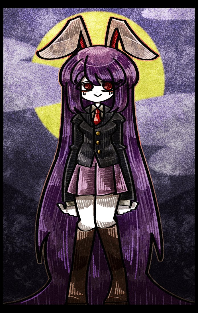1girl :&gt; animal_ears black_jacket boots brown_footwear buttons clouds cloudy_sky collared_shirt full_moon jacket long_hair long_sleeves looking_to_the_side moon necktie night night_sky pale_skin purple_hair purple_skirt rabbit_ears rabbit_girl red_eyes red_necktie reisen_udongein_inaba shirt skirt sky smile suenari_(peace) thigh_boots touhou very_long_hair white_fur white_shirt