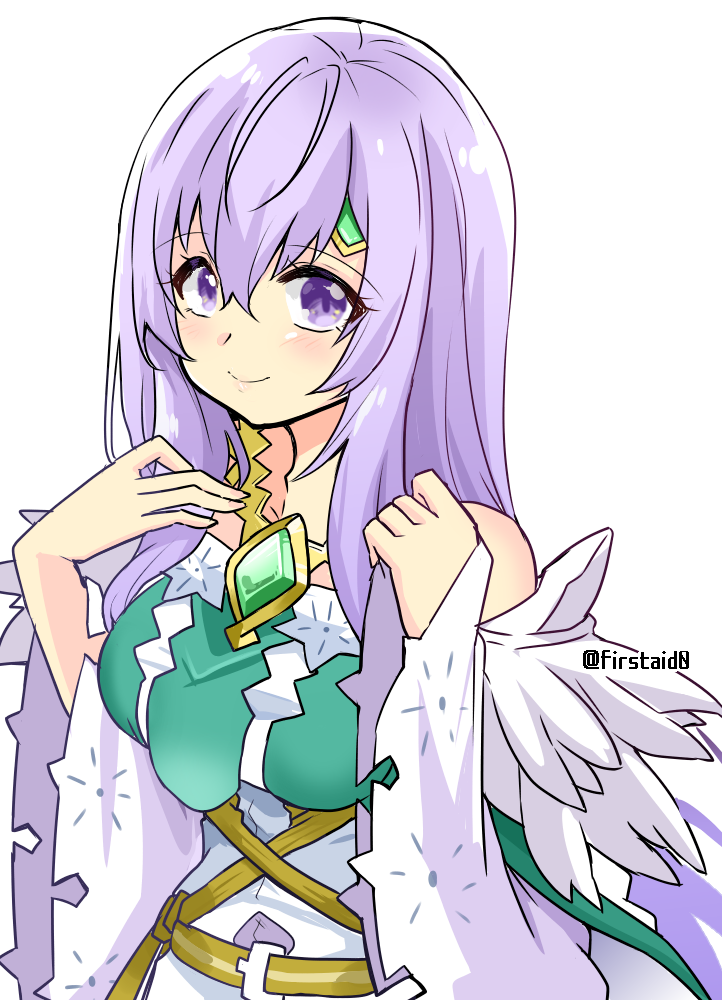 1girl bare_shoulders breasts circlet dress fire_emblem fire_emblem:_genealogy_of_the_holy_war fire_emblem_heroes gem hands_up julia_(fire_emblem) julia_(resplendent)_(fire_emblem) long_hair looking_at_viewer official_alternate_costume purple_hair simple_background smile solo violet_eyes wide_sleeves yukia_(firstaid0)