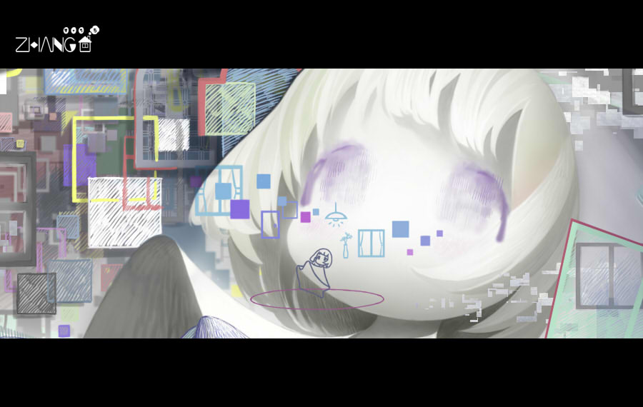 1girl 49_male abstract bob_cut ceiling_light chibi chibi_inset circle_name colored_skin commentary_request expressionless floating grey_background letterboxed multiple_views no_mouth original portrait robe short_hair square violet_eyes white_hair white_skin window