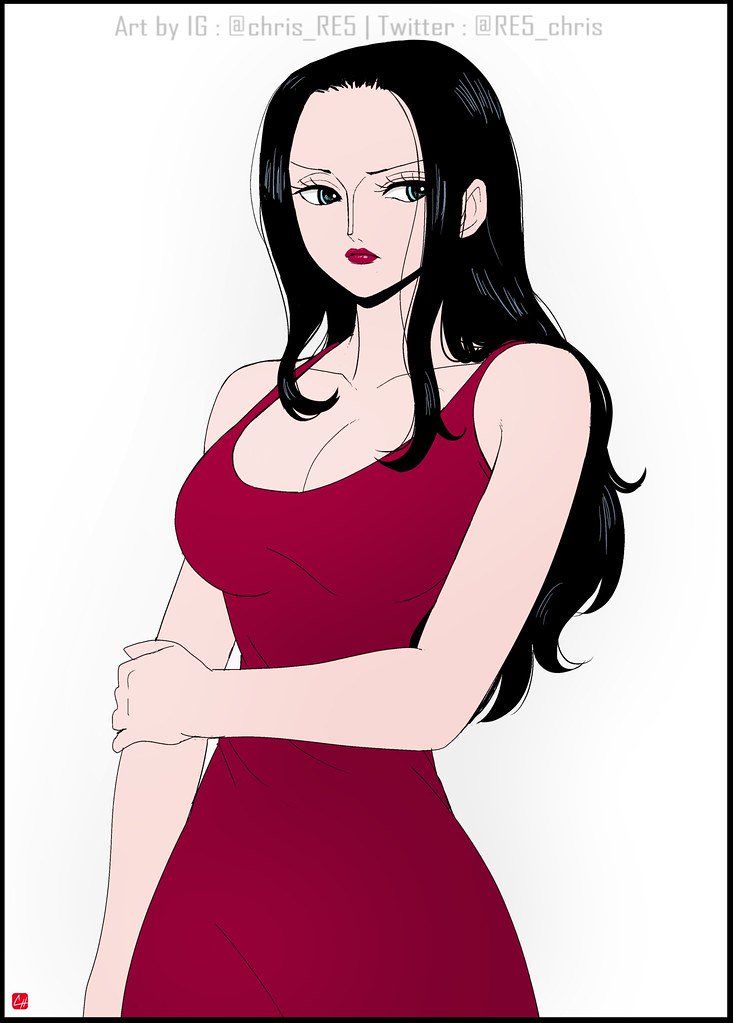 1girl black_border black_hair blue_eyes border chris_re5 closed_mouth dress english_commentary hand_on_own_arm instagram_username long_hair looking_to_the_side nico_robin one_piece pink_dress red_dress red_lips sidelocks simple_background sleeveless sleeveless_dress solo twitter_username white_background