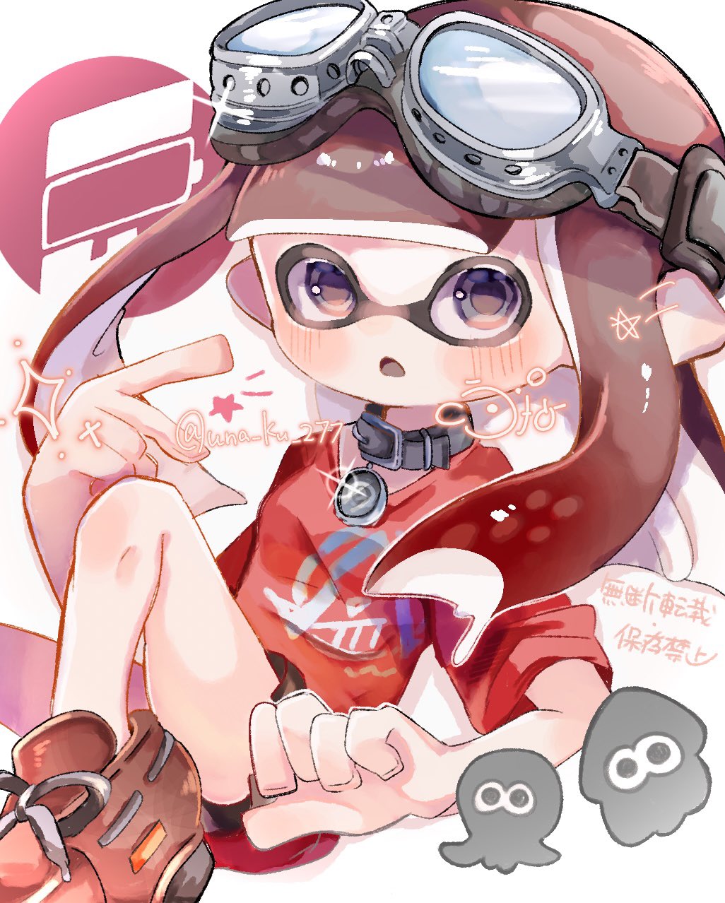 1girl belt_collar black_shorts blue_eyes collar glint goggles goggles_on_head gradient_hair highres inkling inkling_girl inkling_player_character long_hair multicolored_hair open_mouth print_shirt red_footwear red_shirt redhead shirt shoes shorts simple_background sitting solo sparkle splatoon_(series) splatoon_3 tentacle_hair translation_request una_ku_277 white_background