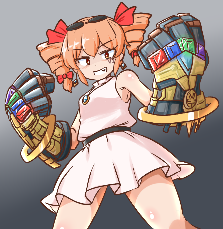 1girl commentary_request dress drill_hair earrings eyewear_on_head gloves gradient_background grey_background infinity_gauntlet jewelry looking_at_viewer mizusoba orange_eyes orange_hair pendant round_eyewear sleeveless sleeveless_dress solo sunglasses touhou twin_drills white_dress yorigami_jo'on