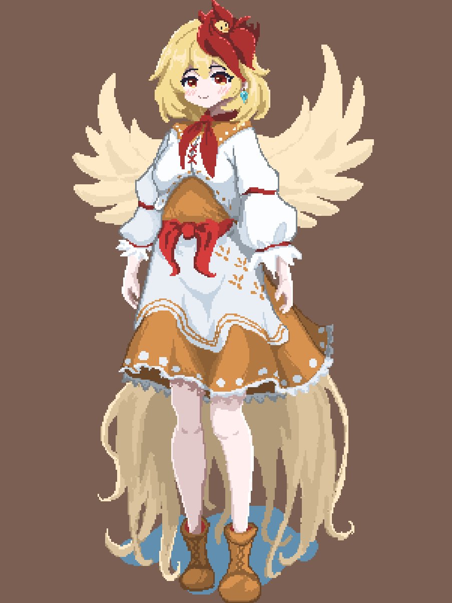 1girl animal_on_head ascot bird bird_on_head bird_tail bird_wings blonde_hair brown_background brown_footwear dress earrings feathered_wings frilled_dress frills full_body highres jewelry long_sleeves multicolored_clothes nito2230 niwatari_kutaka on_head pixel_art puffy_long_sleeves puffy_sleeves red_ascot red_eyes redhead short_hair solo tail touhou wings