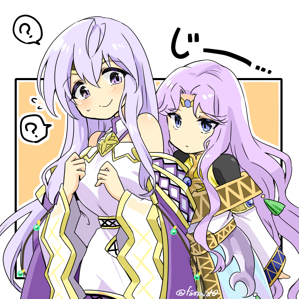 2girls ? bare_shoulders blue_eyes breasts circlet commentary_request dress fire_emblem fire_emblem:_genealogy_of_the_holy_war fire_emblem:_thracia_776 julia_(fire_emblem) long_hair multiple_girls nervous_smile nervous_sweating purple_hair sara_(fire_emblem) sash simple_background small_sweatdrop smile spoken_question_mark sweat very_long_hair violet_eyes wide_sleeves yukia_(firstaid0)