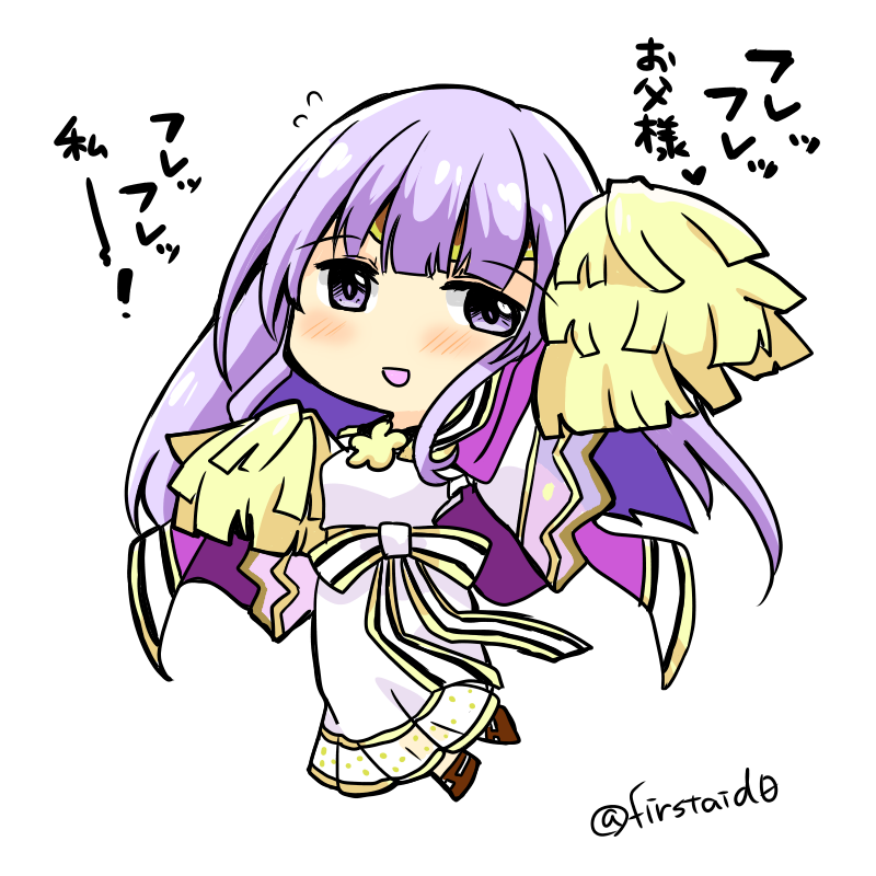 1girl blush cheerleader chibi circlet dress fire_emblem fire_emblem:_genealogy_of_the_holy_war julia_(fire_emblem) open_mouth pom_pom_(cheerleading) purple_hair sash simple_background smile solo violet_eyes white_background wide_sleeves yukia_(firstaid0)