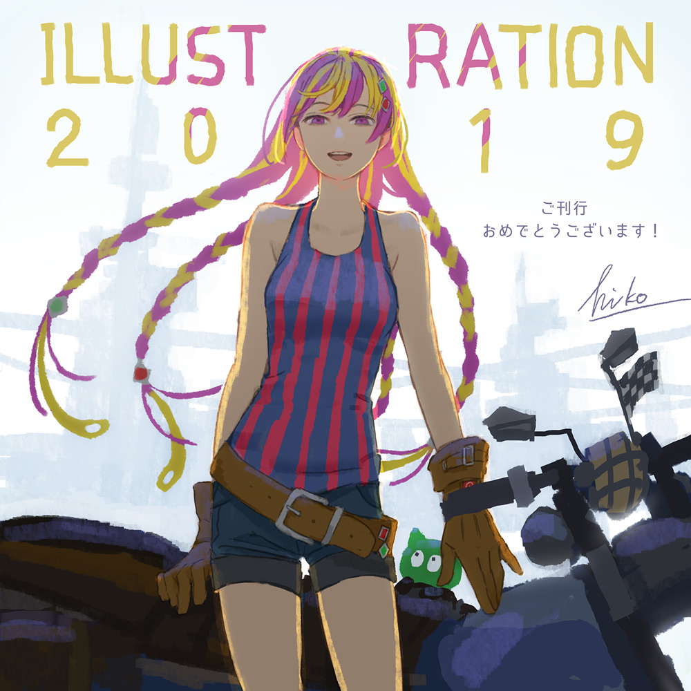 1girl 2019 belt black_shorts blonde_hair brown_belt brown_gloves cowboy_shot gloves hiko_(scape) illustration.media looking_at_viewer motor_vehicle motorcycle multicolored_hair open_mouth purple_hair shorts signature smile solo striped_tank_top tank_top two-tone_hair violet_eyes