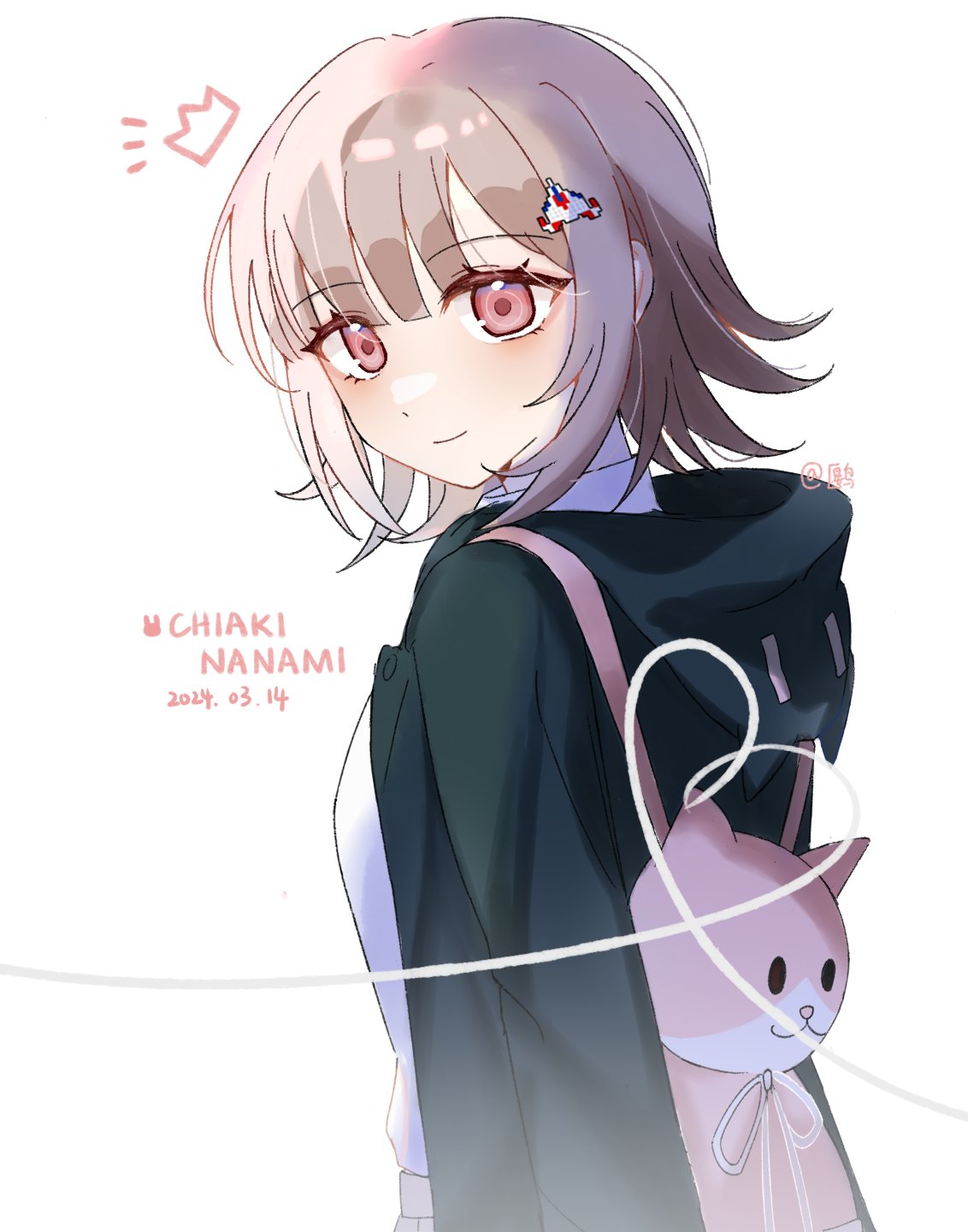 1girl arms_at_sides backpack bag black_jacket blush character_name closed_mouth collared_shirt crown danganronpa_(series) danganronpa_2:_goodbye_despair dated dot_nose flipped_hair from_side grey_hair hao_xiang_zai_chi_dian_shu_tiao_a heart heart_of_string highres hood hood_down hooded_jacket jacket looking_at_viewer nanami_chiaki notice_lines pink_eyes shirt short_hair sidelocks simple_background smile solo upper_body white_background white_shirt