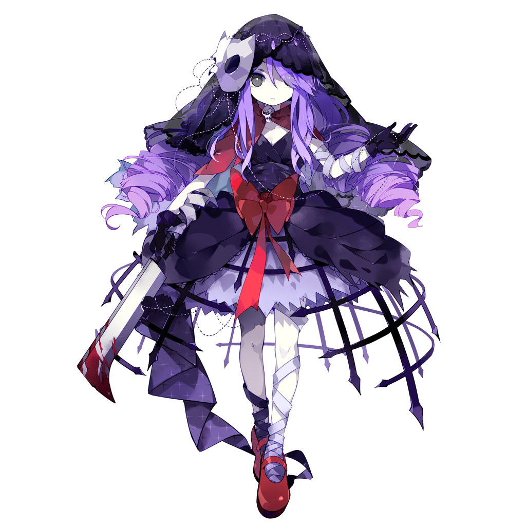 1girl anira_(benghuai_xueyuan) bandaged_arm bandaged_leg bandages benghuai_xueyuan black_dress black_eyes black_gloves black_veil blood bloody_weapon bow bright_pupils cape closed_mouth crinoline dress drill_hair eyes_visible_through_hair female_focus full_body gloves hair_over_one_eye holding holding_weapon honkai_(series) machete mary_janes mask mask_on_head official_art pale_skin purple_hair red_bow red_cape red_footwear shoes simple_background solo third-party_source transparent_background veil waist_bow weapon white_pupils